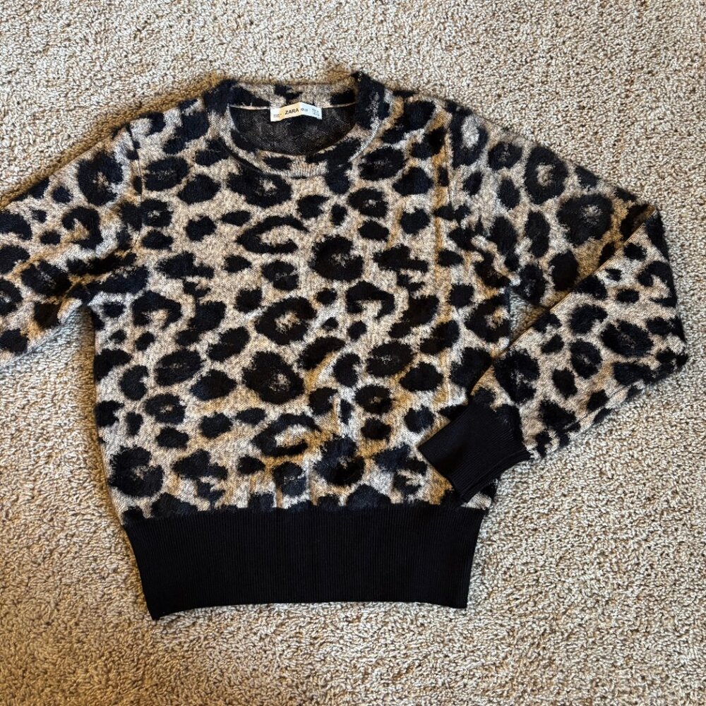 ZARA Sweater Womens M Black Multi Leopard Knit Ribbed Hem Wrist